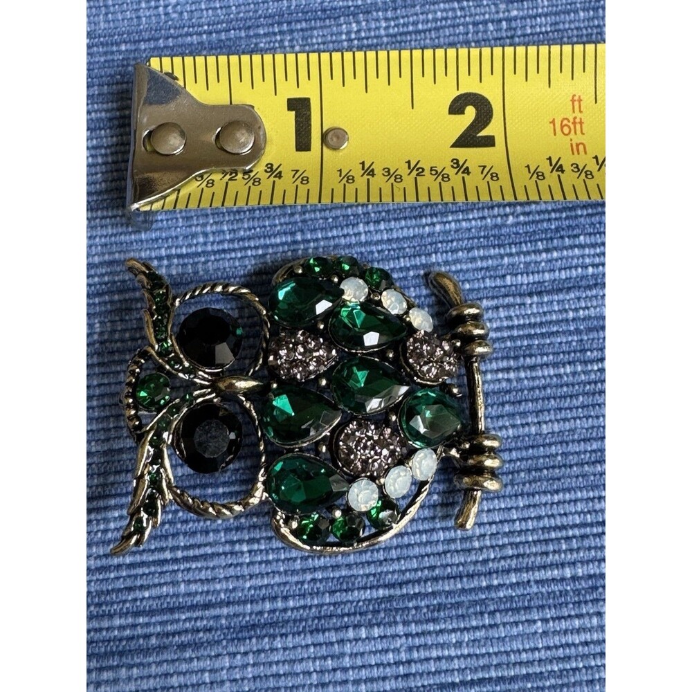 Rhinestone Owl Brooch Pin Emerald‎ Green Crystal Antique Silver Tone Costume - Picture 4 of 4